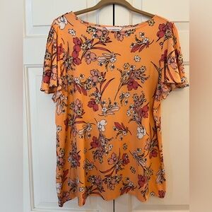 Liz Claiborne Orange Floral Short Sleeve Top EUC Size L